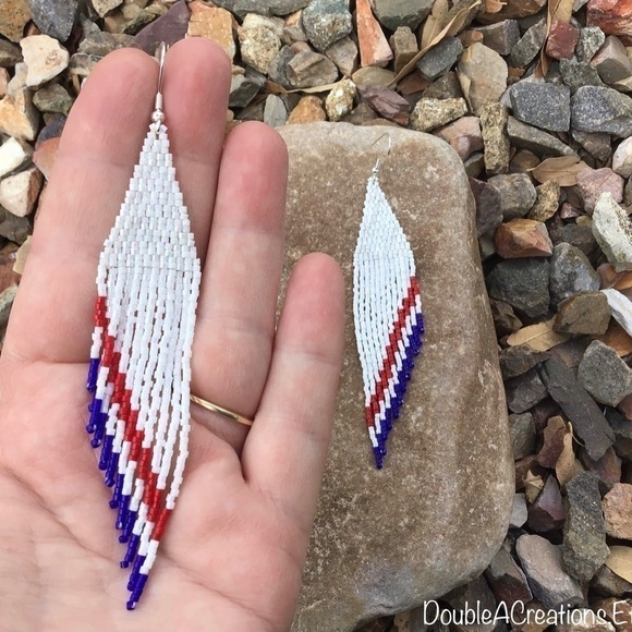 Red White and Blue Beaded Earrings with Fringe, New, Handmade by Me - Picture 7 of 9